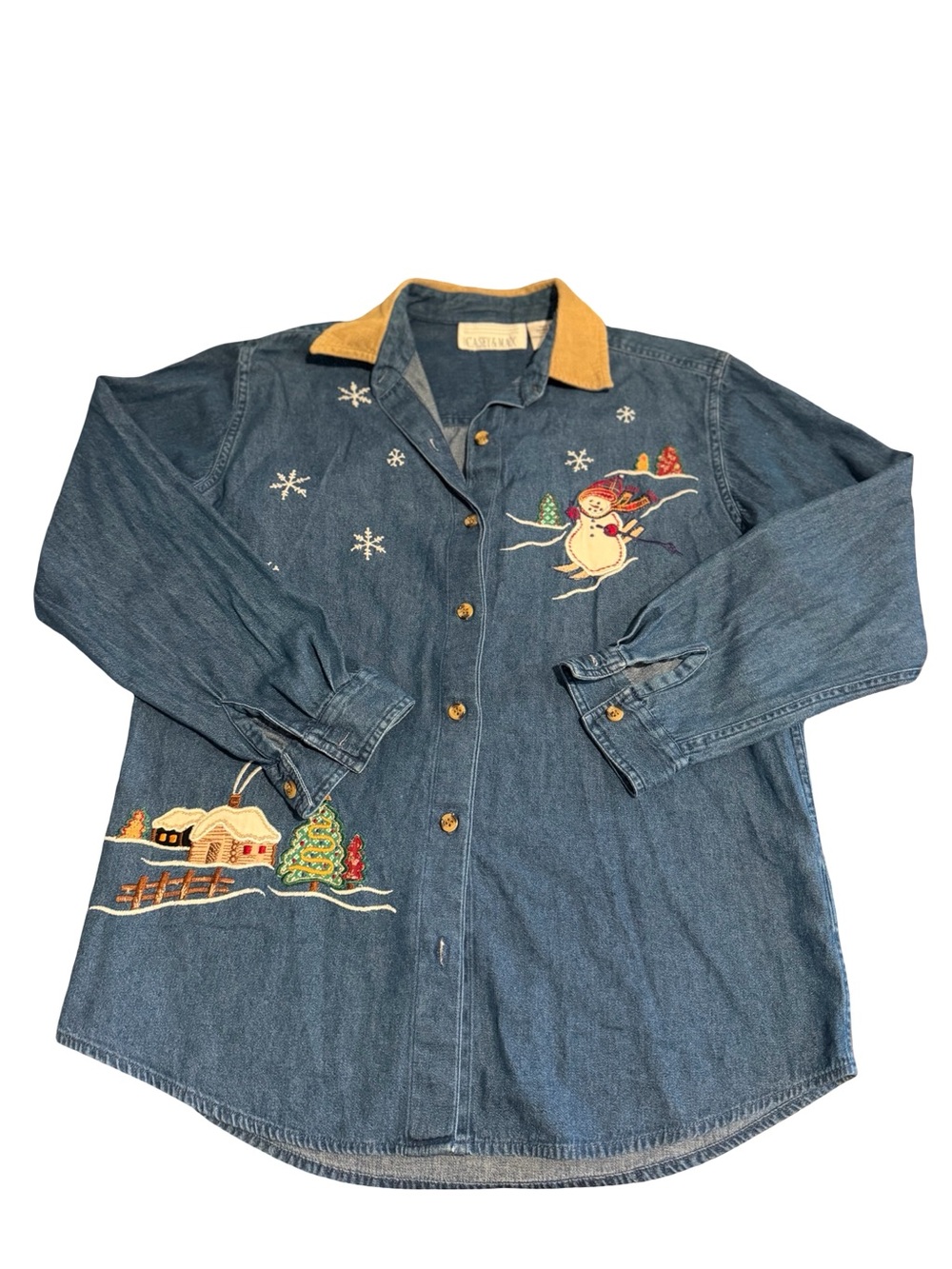 Vintage Casey & Max Style Denim Holiday Shirt Jacket with Embroidered Snowman